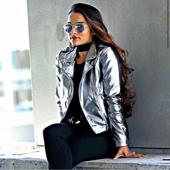 ZARA vegan leather silver metallic logo zip biker jacket - Picture 3 of 10